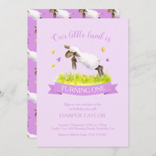 Spring lamb skipping cute purple 1st birthday invitation