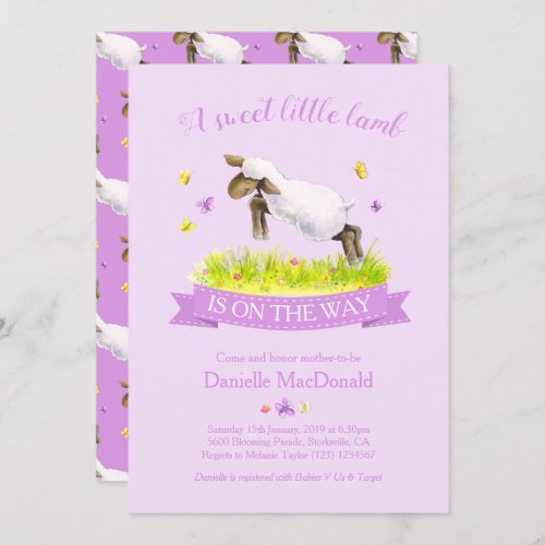 Spring lamb skipping cute purple baby shower invitation