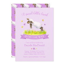 Spring lamb skipping cute purple baby shower invitation