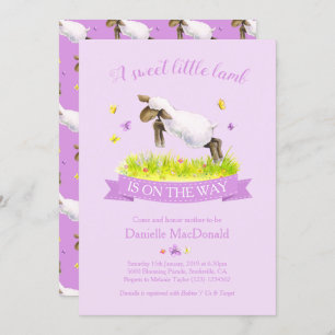 Spring lamb skipping cute purple baby shower invitation