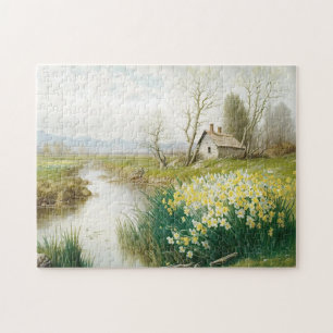 Spring Landscape House Stream Daffodil Flower      Jigsaw Puzzle