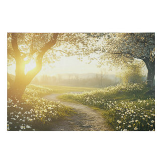Spring landscape with blooming apple tree  faux canvas print