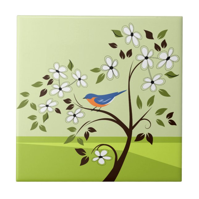 Spring Landscape With Bluebird Ceramic Tile (Front)