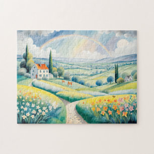 Spring Landscape with Rainbow over Italian Hills Jigsaw Puzzle