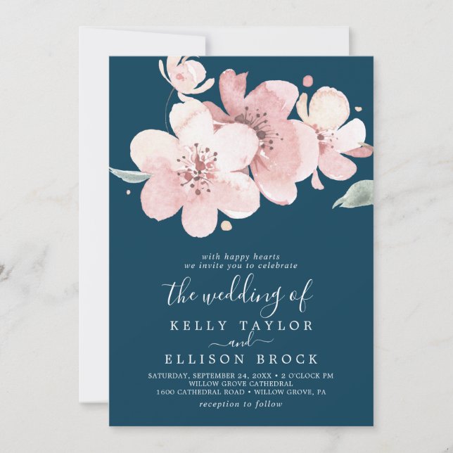 Spring Large Cherry Blossom | Navy Wedding Invitation (Front)