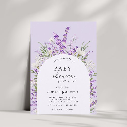 Spring Lavender Floral Arch Purple Baby Shower Invitation