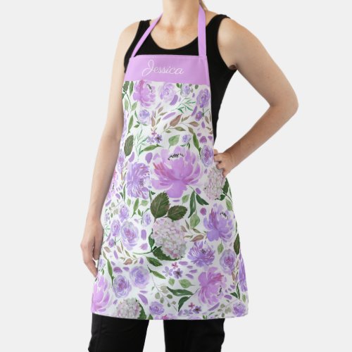 Spring Lavender Watercolor Floral Purple Name Apron