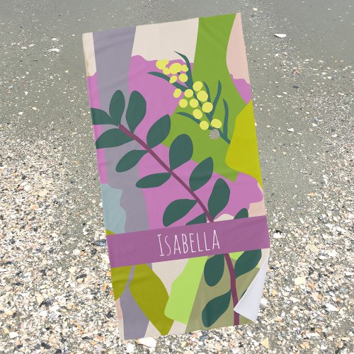 Spring Leaves  Abstract Bold Colors Custom Name   Beach Towel