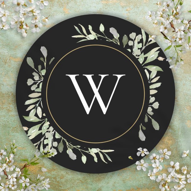 Spring Leaves Greenery Monogram Initial Classic Round Sticker (Spring Leaves Greenery Monogram Initial Classic Round Sticker)
