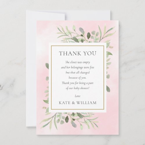 Spring Leaves Greenery Pink Baby Shower Poem Thank You Card