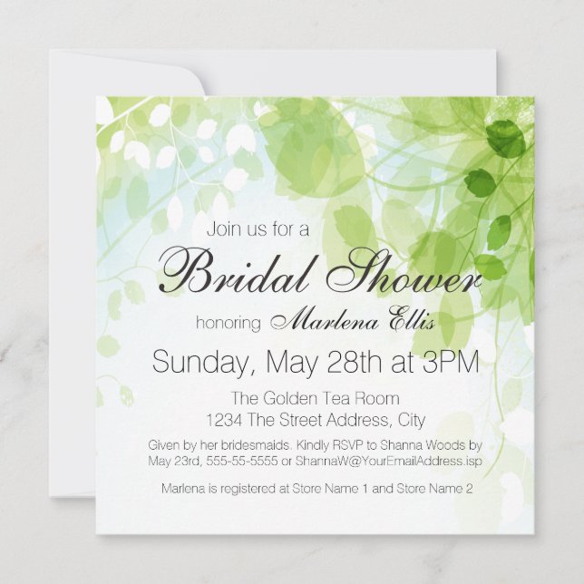 Spring Leaves Watercolor Bridal Shower Invitation (Front)