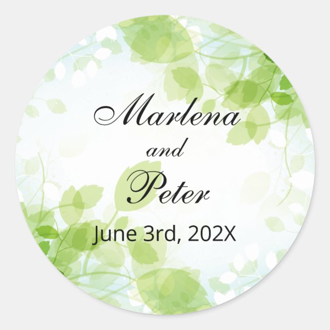 Spring Leaves Watercolor Wedding Classic Round Sticker (Front)