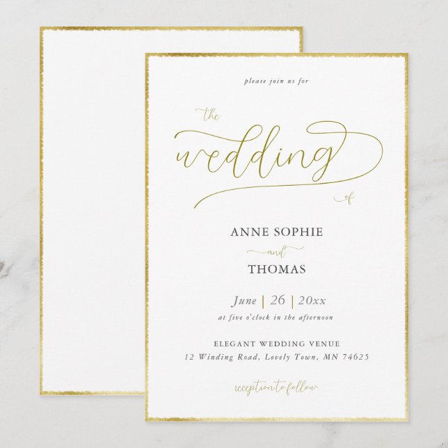 Spring Lily of the Valley Gold Calligraphy Wedding Invitation (Front/Back)