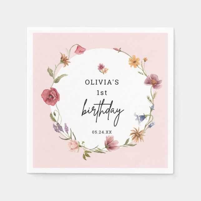 Spring Little Wildflower Girl 1st Birthday Party Napkins (Front)