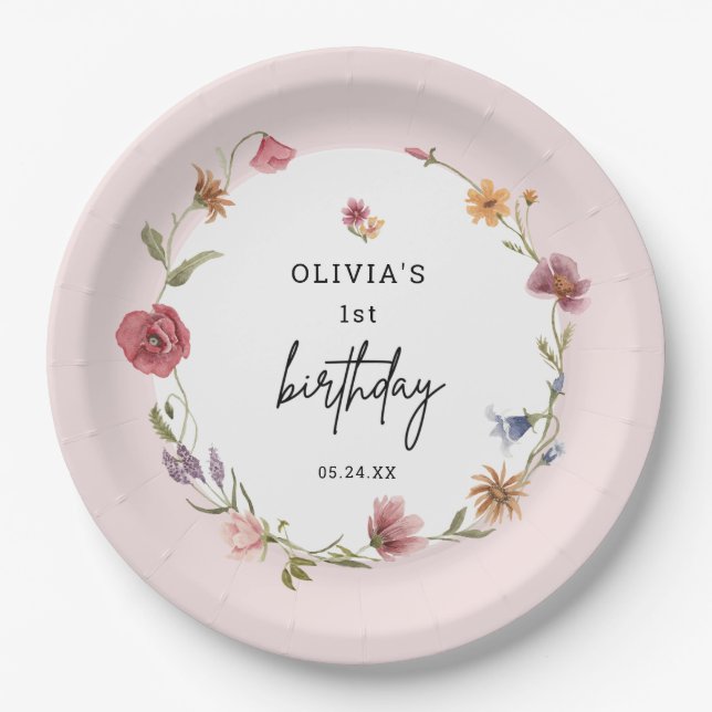 Spring Little Wildflower Girl 1st Birthday Party Paper Plates (Front)