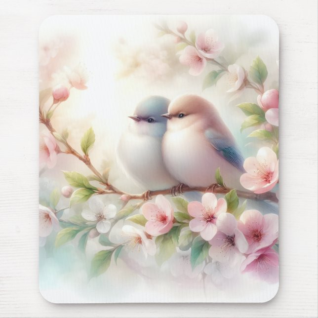Spring Love Birds Cherry Blossom Floral Mouse Pad (Front)