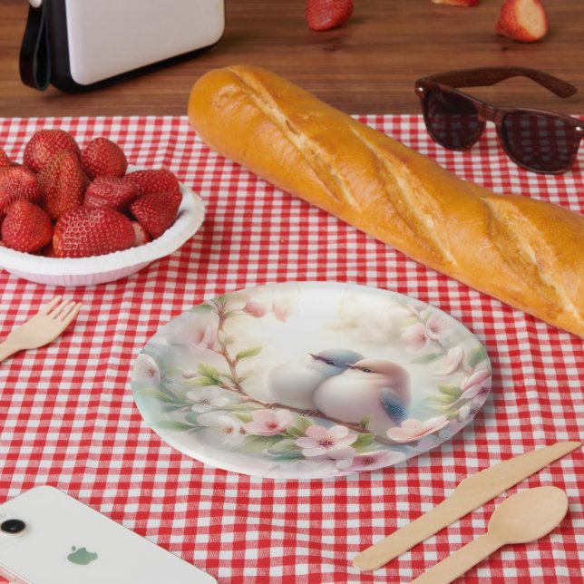 Spring Love Birds Cherry Blossom Floral Paper Plates (Picnic)