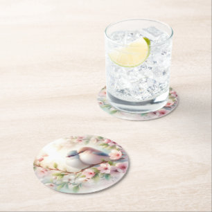 Spring Love Birds Cherry Blossom Floral Round Paper Coaster