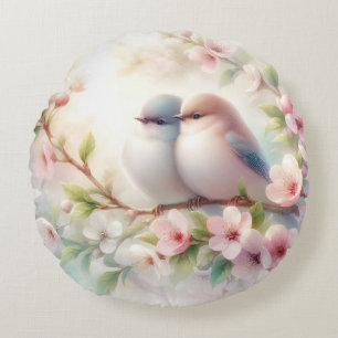 Spring Love Birds Cherry Blossom Floral Round Pillow
