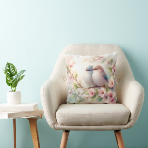 Spring Love Birds Cherry Blossom Floral Throw Pillow