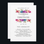 Spring Lush  Bouquet Wedding  Ceremony Program<br><div class="desc">Elegant watercolor botanical wedding ceremony program with your names and details with a frame of watercolor green leaves and bright flowers in pink and blue and purple. Personalize the stylish dark gray text on both sides of the card with your custom ceremony, wedding party, and thank you message wording. A...</div>