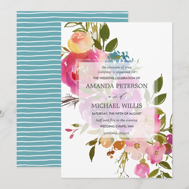 Spring Lush | Modern botanical pink flower wedding Invitation (Front/Back)