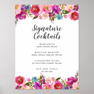 Spring Lush Pink Floral Signature Cocktail Menu Poster