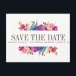 Spring Lush | Pink  Flowers WEDDING save the date Announcement Postcard<br><div class="desc">Designed to coordinate with our Spring Lush watercolor floral wedding collection, Surrounded by delicate painted blue and pink flowers like roses and peonies and set on a white background, this design is eye-catching and very beautiful. Modern and simple save the date postcard appears at the centre among foliage and a...</div>