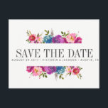 Spring Lush | Pink  Flowers WEDDING save the date Announcement Postcard<br><div class="desc">Designed to coordinate with our Spring Lush watercolor floral wedding collection, Surrounded by delicate painted blue and pink flowers like roses and peonies and set on a white background, this design is eye-catching and very beautiful. Modern and simple save the date postcard appears at the centre among foliage and a...</div>