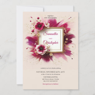 Spring magenta flowers and faux gold frame wedding invitation