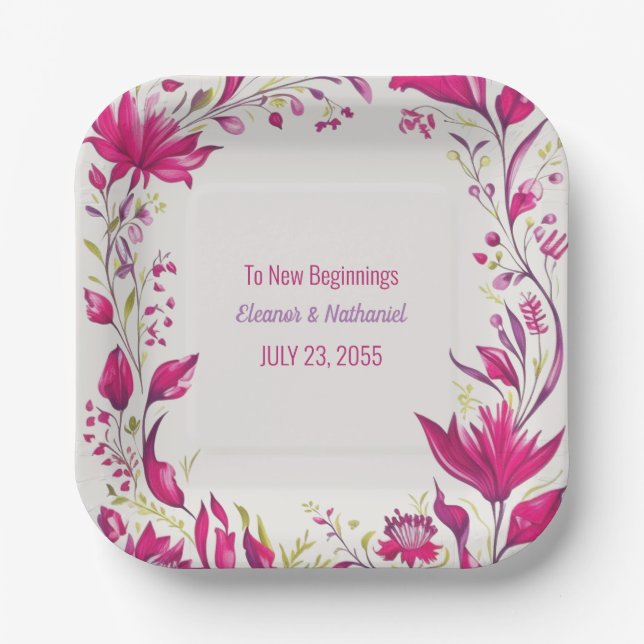 Spring Magenta Garden Floral Wedding Paper Plates (Front)