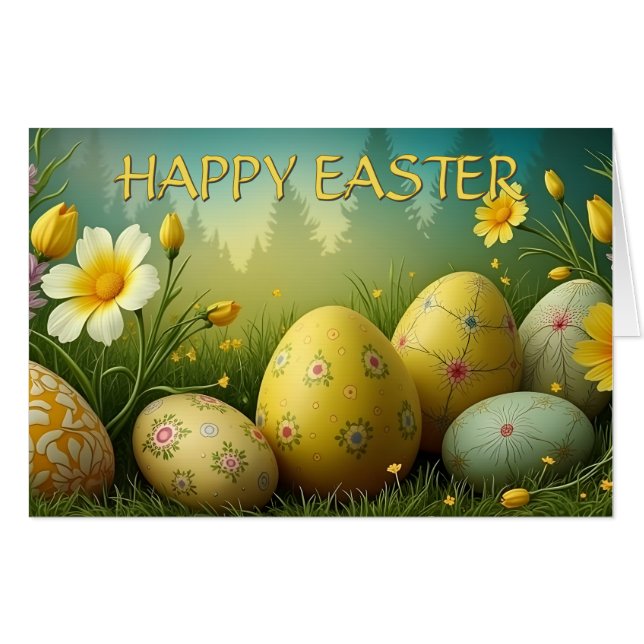 Spring Magic with Easter Eggs in a Sea of Flowers Card (Front Horizontal)