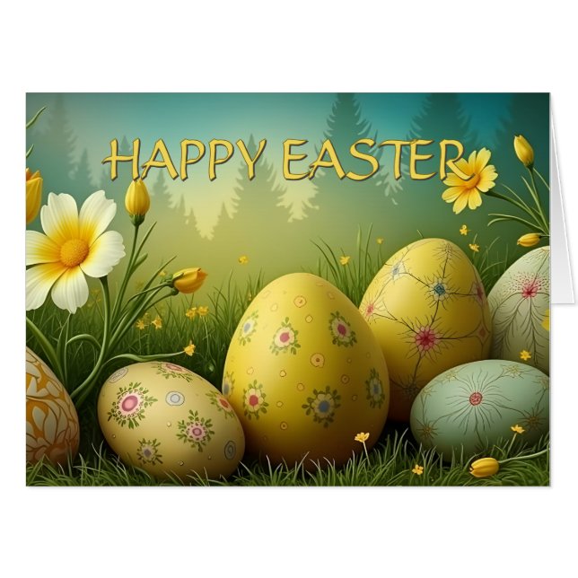 Spring Magic with Easter Eggs in a Sea of Flowers Card (Front Horizontal)