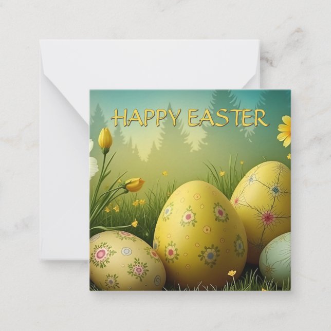 Spring Magic with Easter Eggs in a Sea of Flowers Note Card (Front)