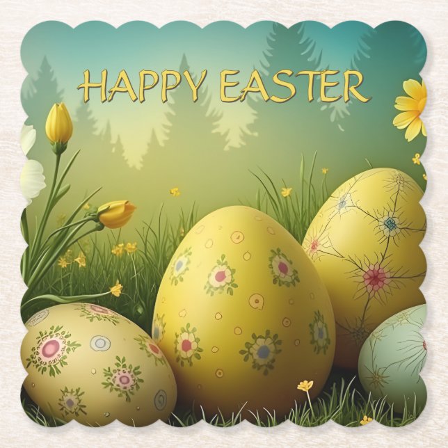 Spring Magic with Easter Eggs in a Sea of Flowers Paper Coaster (Front)