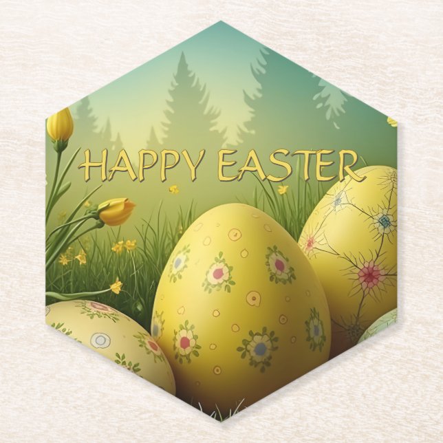 Spring Magic with Easter Eggs in a Sea of Flowers Paper Coaster (Front)