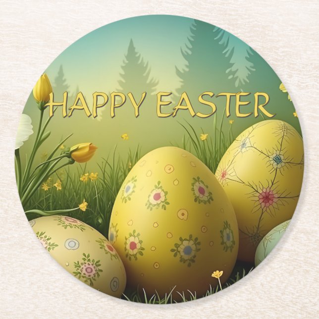 Spring Magic with Easter Eggs in a Sea of Flowers Round Paper Coaster (Front)