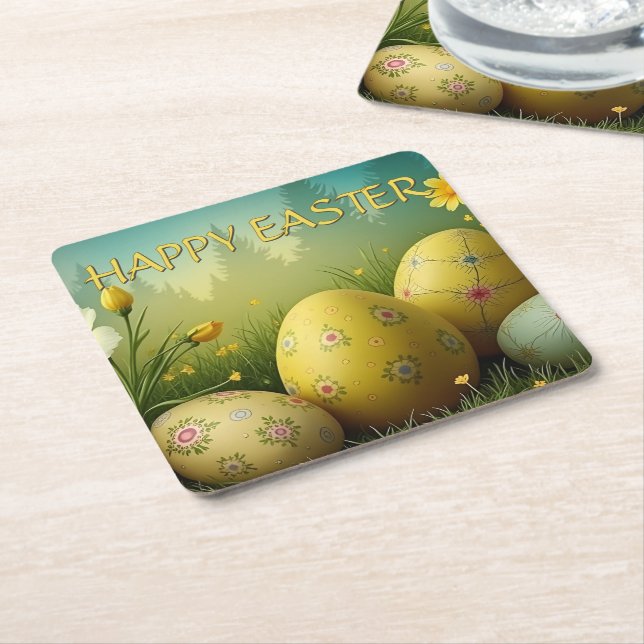 Spring Magic with Easter Eggs in a Sea of Flowers Square Paper Coaster (Angled)