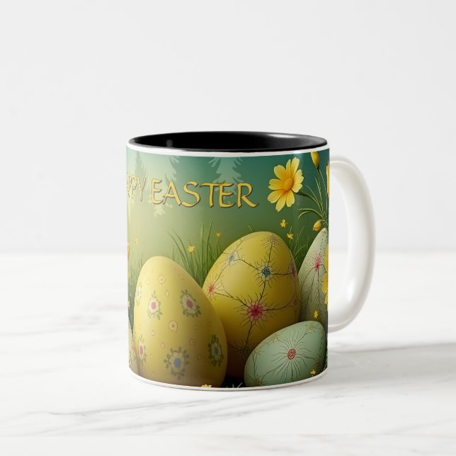 Spring Magic with Easter Eggs in a Sea of Flowers Two-Tone Coffee Mug (Front Right)
