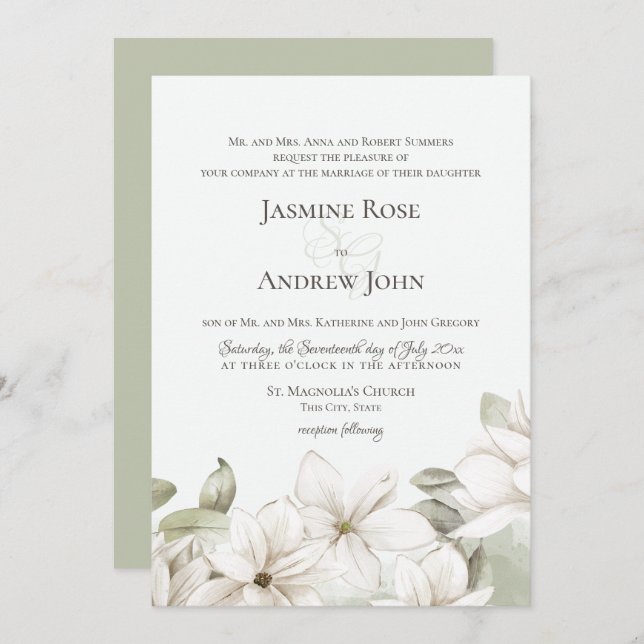 Spring Magnolia Blossom Blush and Sage Wedding Invitation (Front/Back)