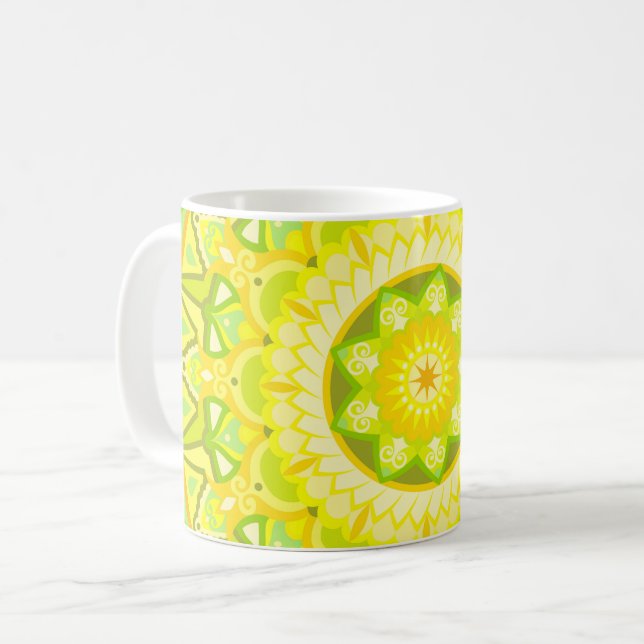 Spring Mandala Green Yellow Floral Boho Coffee Mug (Front Left)