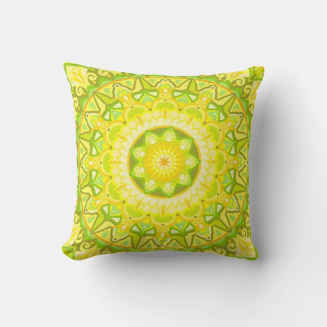 Spring Mandala Green Yellow Floral Boho Throw Pillow (Front)