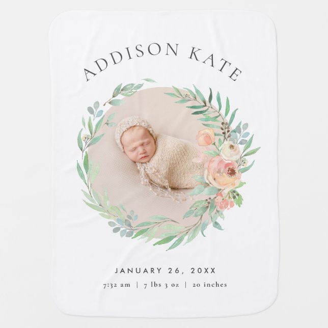 Spring Meadow Floral Baby Photo Birth Stats Baby Blanket (Front)