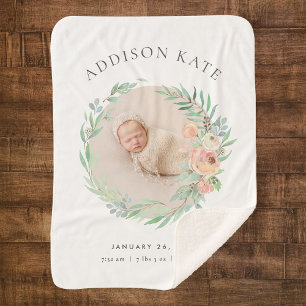 Spring Meadow Floral Baby Photo Birth Stats Sherpa Blanket