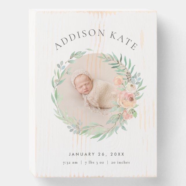 Spring Meadow Floral Baby Photo Birth Stats Wooden Box Sign (Front Vertical)