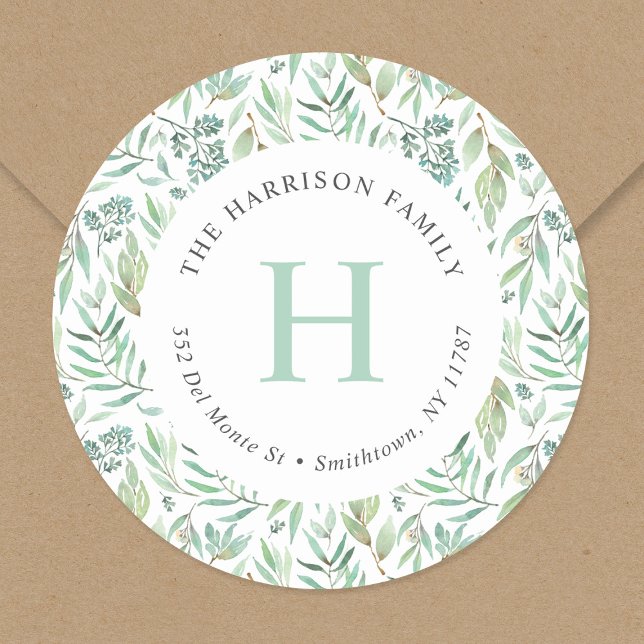 Spring Meadow Monogram Return Address Classic Round Sticker (Creator Uploaded)