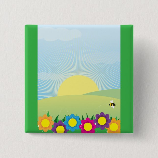 Spring Meadow Sunburst with Colorful Flowers Button (Front)