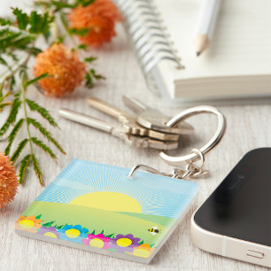 Spring Meadow Sunburst with Colorful Flowers Keychain