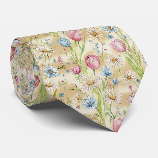 Spring Meadow Wildflower Pattern Neck Tie (Rolled)