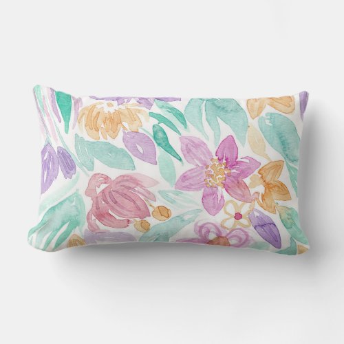 Spring Messy Pink Orange Purple Floral Watercolor Lumbar Pillow